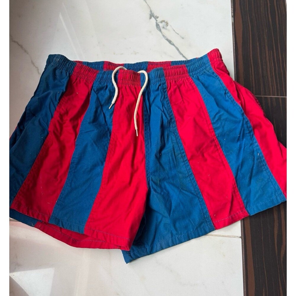 VTG 80s 90s Athletic Works Size 2XL XXL Red Blue Striped Men’s Swim Trunks